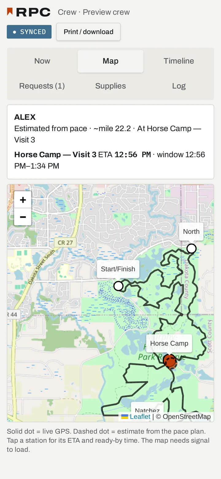 RPC crew Map screen: the course loop through Murphy-Hanrehan Park Reserve with North, Start/Finish, Horse Camp and Natchez stations. The runner is estimated from pace at about mile 22.2 at Horse Camp, Visit 3, ETA 12:56 PM, window 12:56 to 1:34 PM.