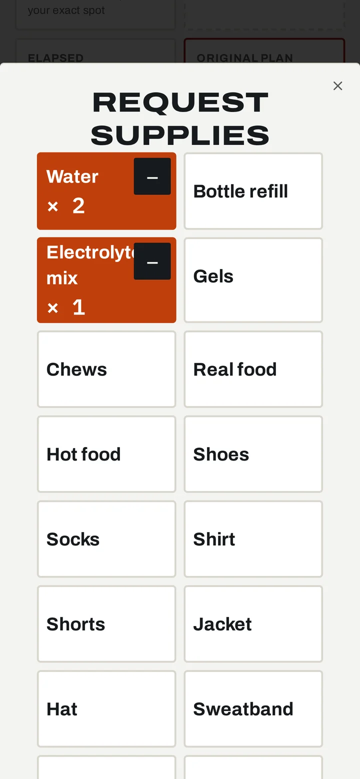 RPC Request supplies screen: a grid of items including water, bottle refill, electrolyte mix, gels, chews, real food, hot food, shoes, socks, shirt, shorts, jacket, hat and sweatband. Water times 2 and electrolyte mix times 1 are selected.