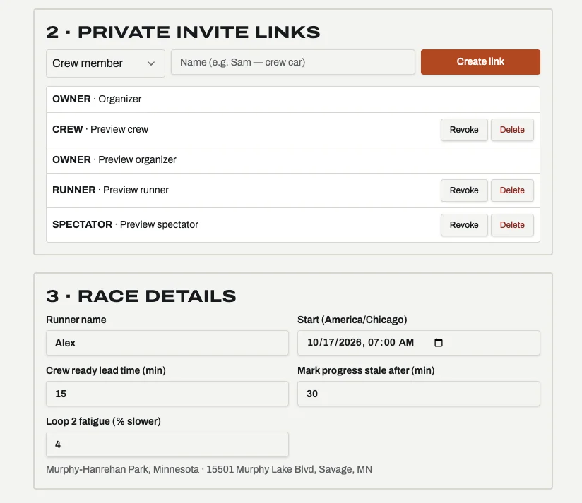 RPC setup: private invite links for owner, crew, runner and spectator with Revoke and Delete buttons, and race details: runner name, start time and time zone, crew ready lead time 15 minutes, mark progress stale after 30 minutes, loop 2 fatigue 4 percent slower.